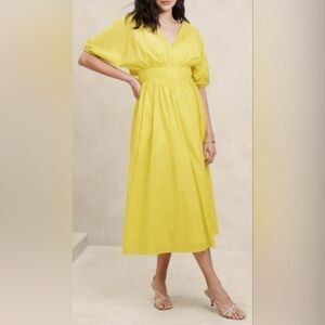 New Banana Republic Sz Md VOILE ELBOW-SLEEVE MIDI DRESS YELLOW